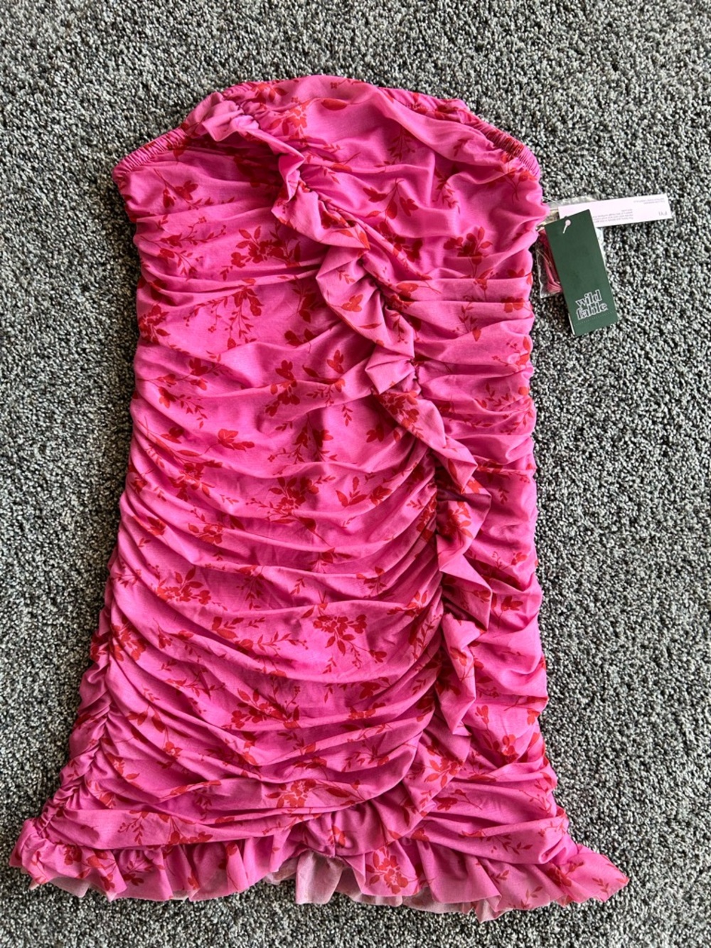 Bright Pink Floral Ruffled Strapless Dress
